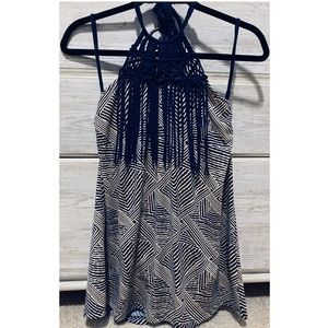 Navy Blue Crochet Halter Top with Fringe